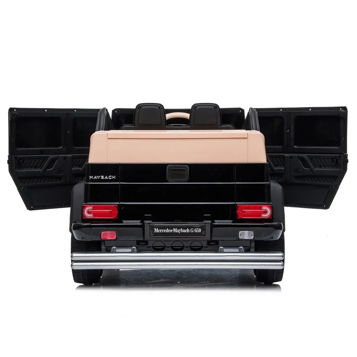 Rear view of black Mercedes-Maybach G 650 toy car with open doors and tan seats