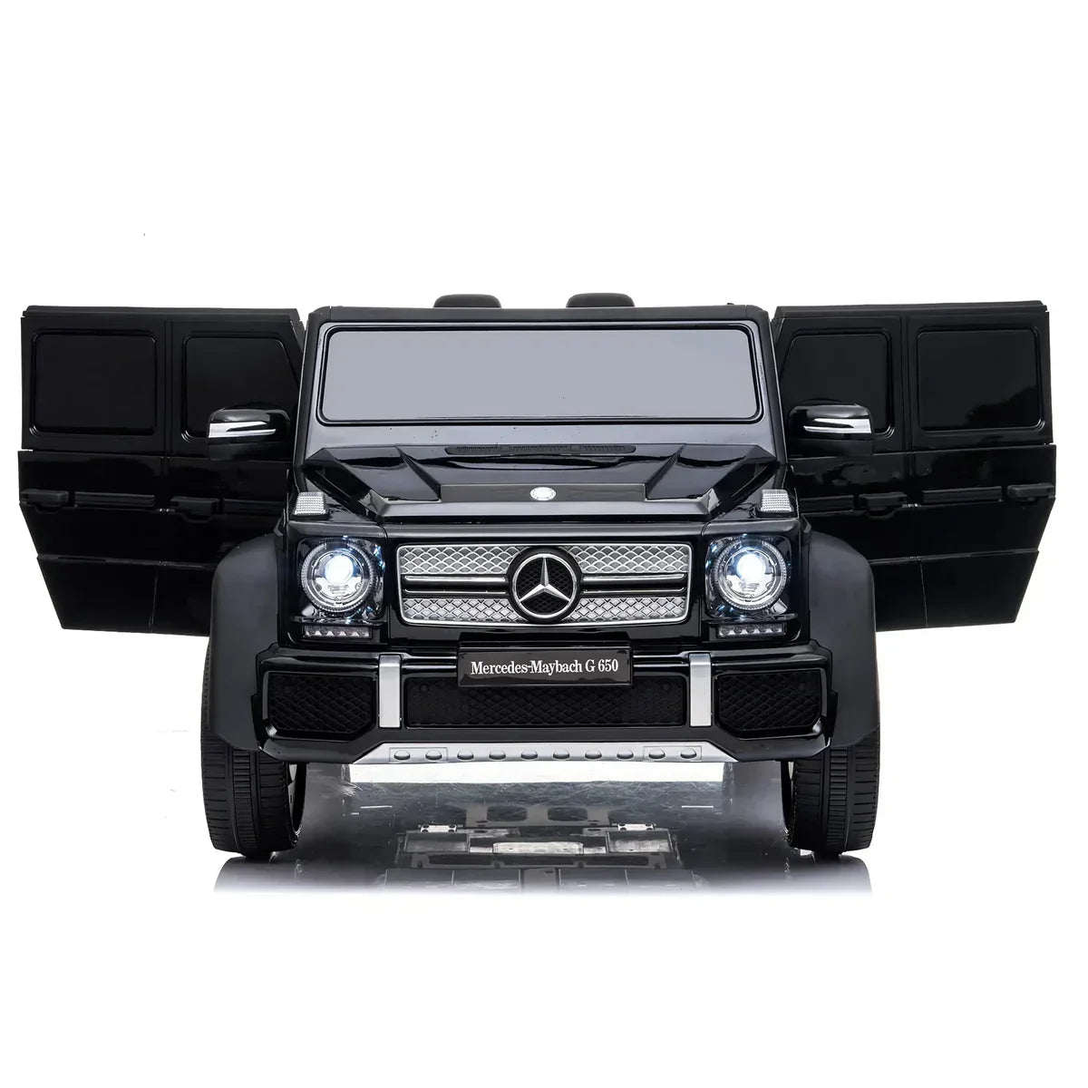 Black Mercedes-Maybach G 650 model car with open doors, front view, luxury SUV