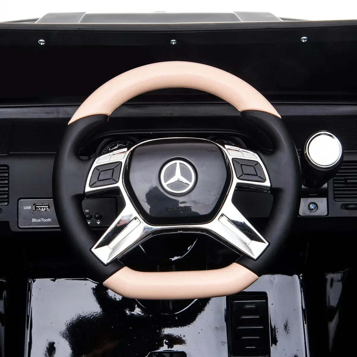 Mercedes-Benz toy car steering wheel with dashboard, USB, Bluetooth and controls