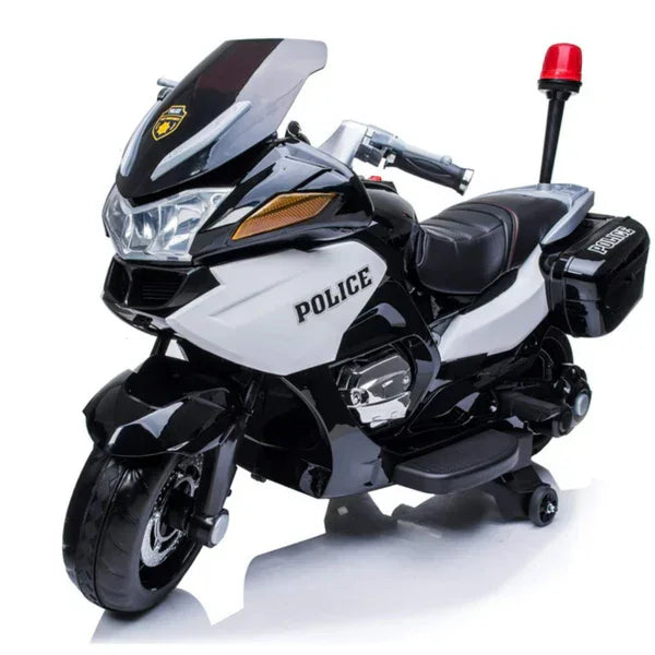 Kids black ride-on electric motorcycle police bike with siren and storage boxes