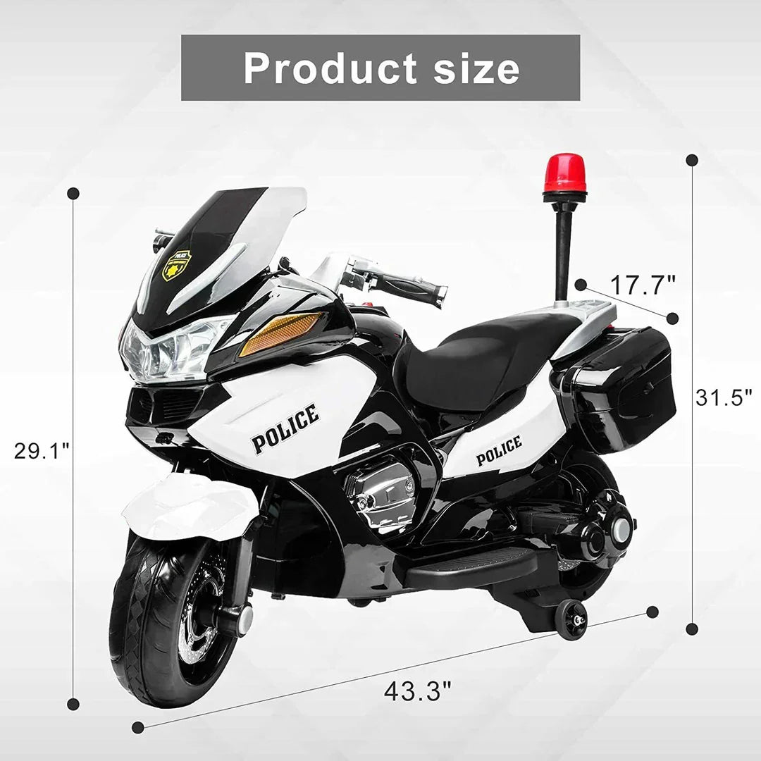 White and black 24V police kids motorcycle ride-on toy with red siren, product dimensions shown
