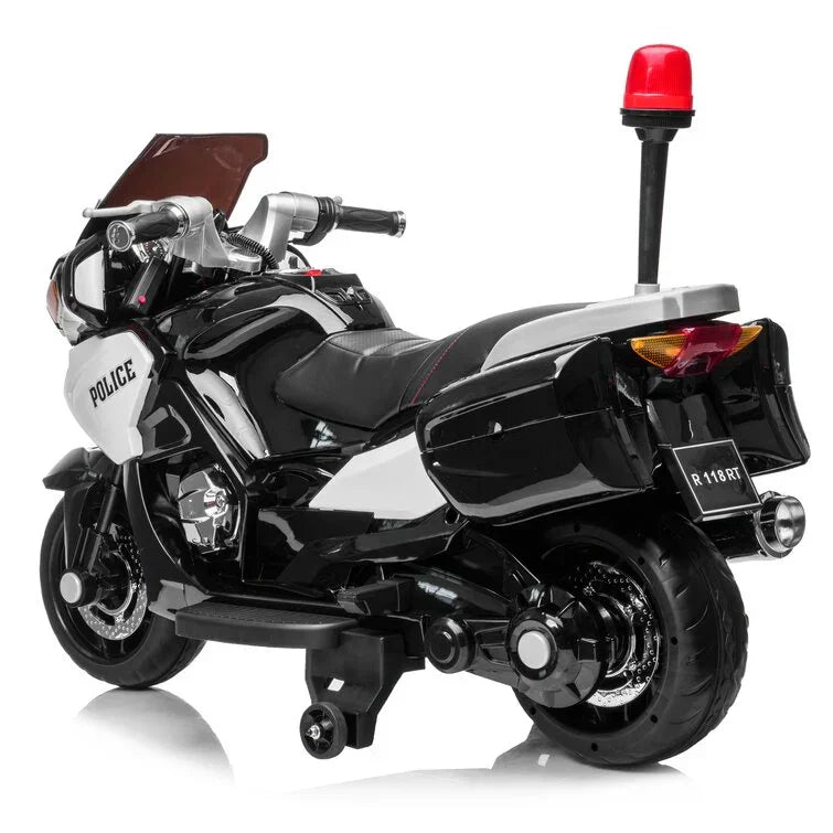 Kids ride-on police motorcycle toy, black and white, 3 wheels, red siren, rear view