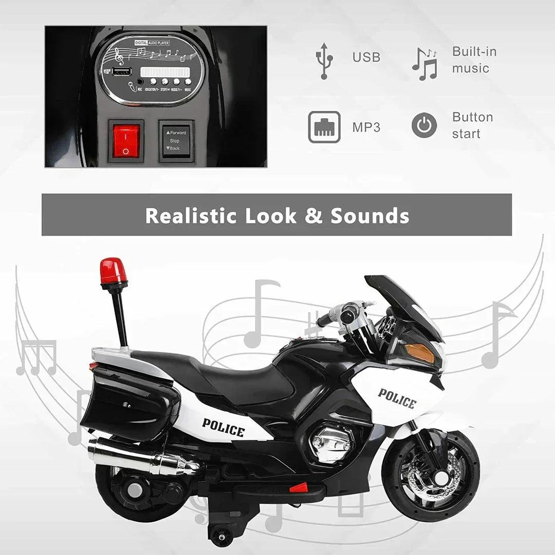 Kids 24V white police motorcycle ride-on toy with lights, music controls, and realistic details