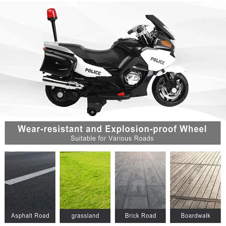 12V kids ride-on police motorcycle toy with training wheels, black and white, suitable for asphalt, grass, brick, and boardwalk surfaces.