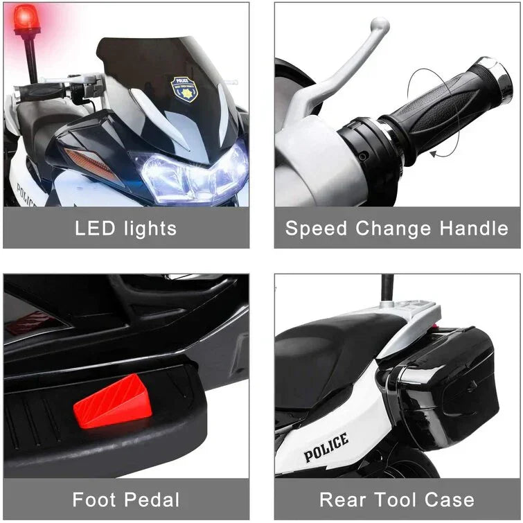 Pirecart 12V kids police motorcycle features LED lights, speed change handle, foot pedal, rear tool case.