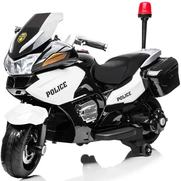 Kids ride-on electric police motorcycle bike in black and white with red siren light