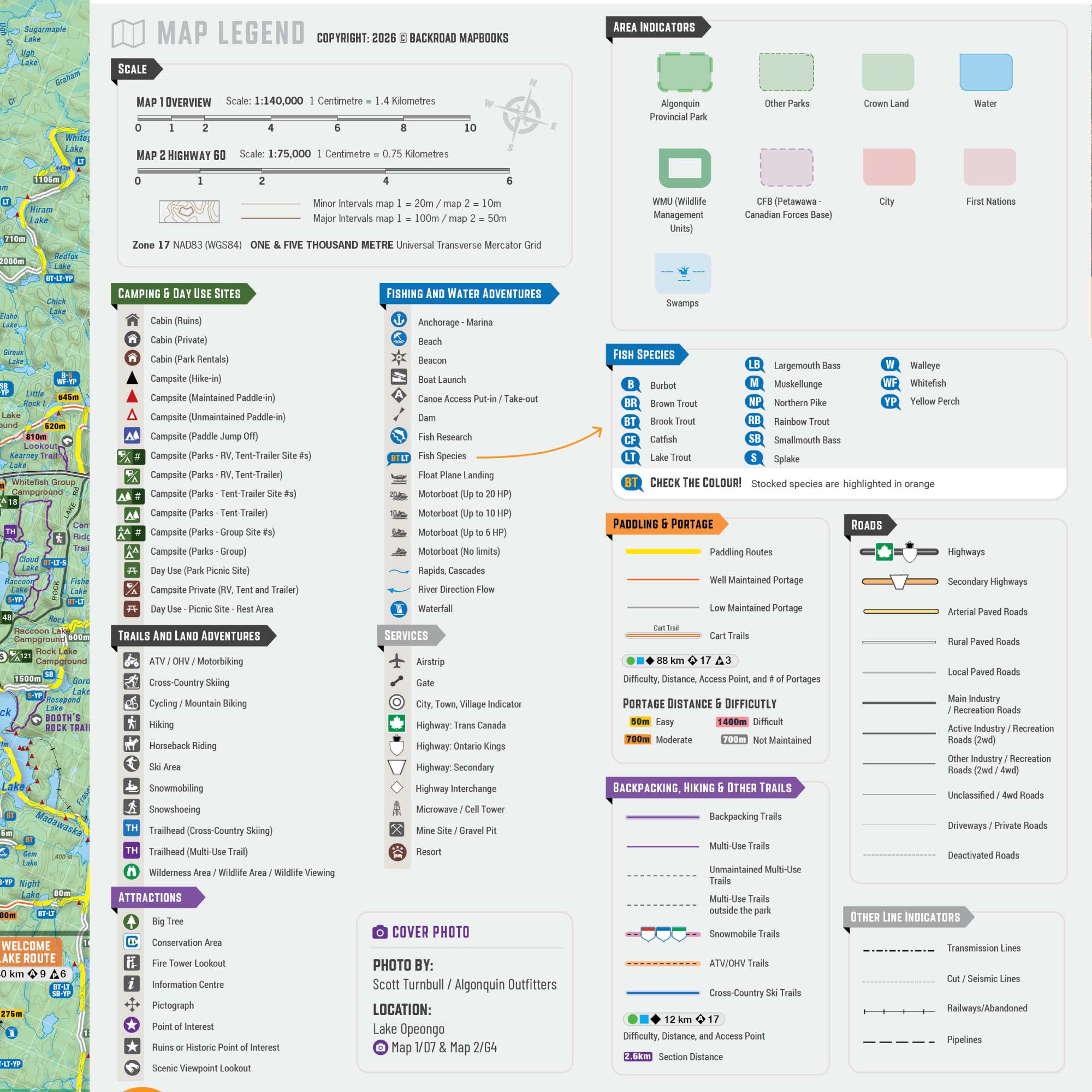 Algonquin Park map legend showing camping, fishing, paddling, hiking, and trail symbols.