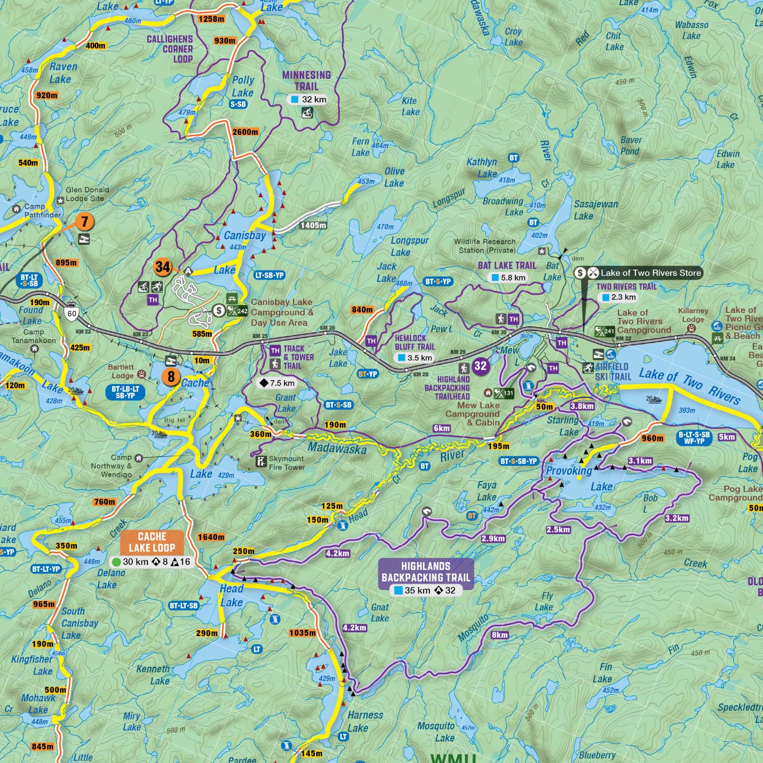 Algonquin Park trail map showing hiking routes, campsites, lakes, and elevation markers.