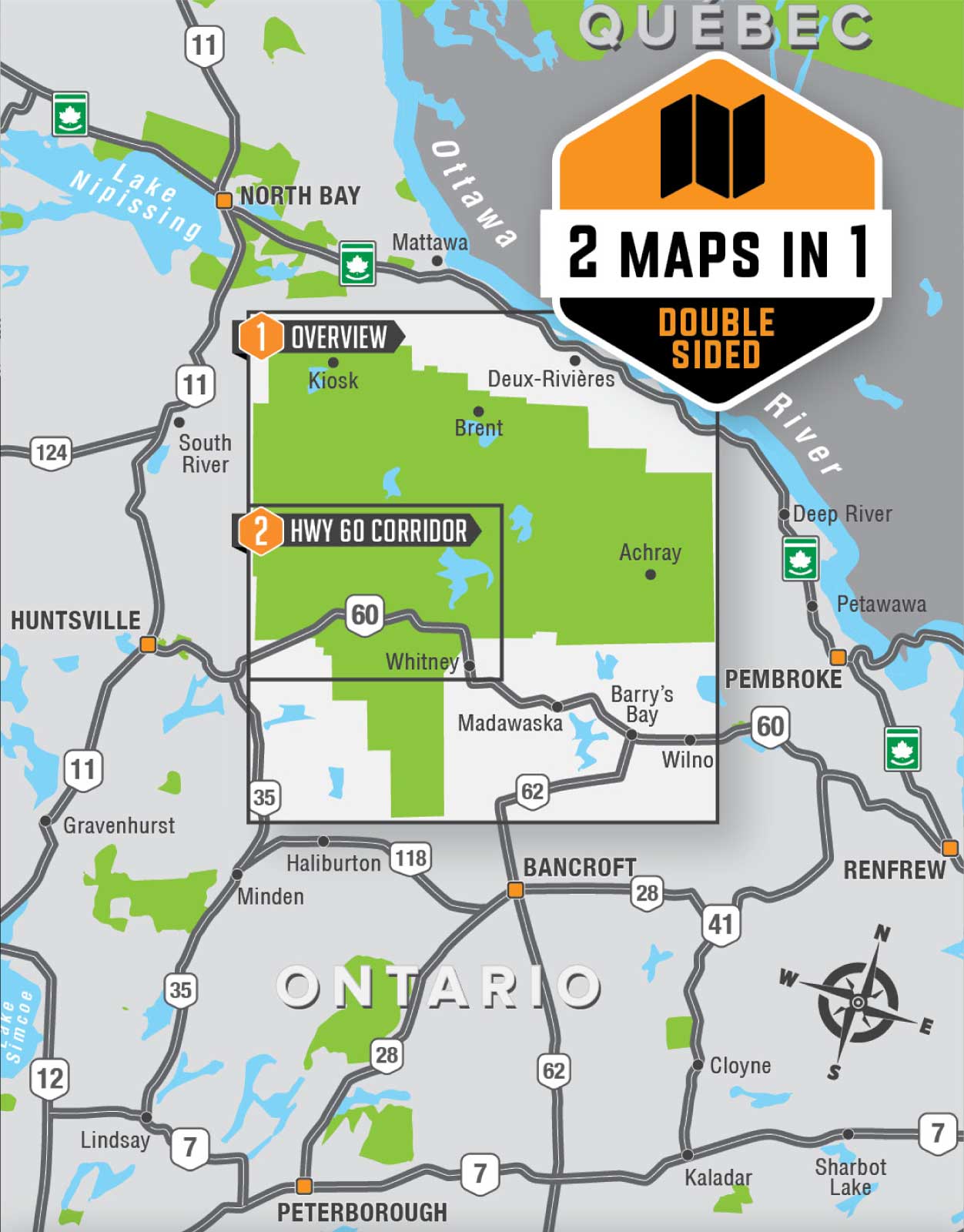 Ontario map highlighting Algonquin Park, HWY 60 Corridor, and overview sections, double-sided.