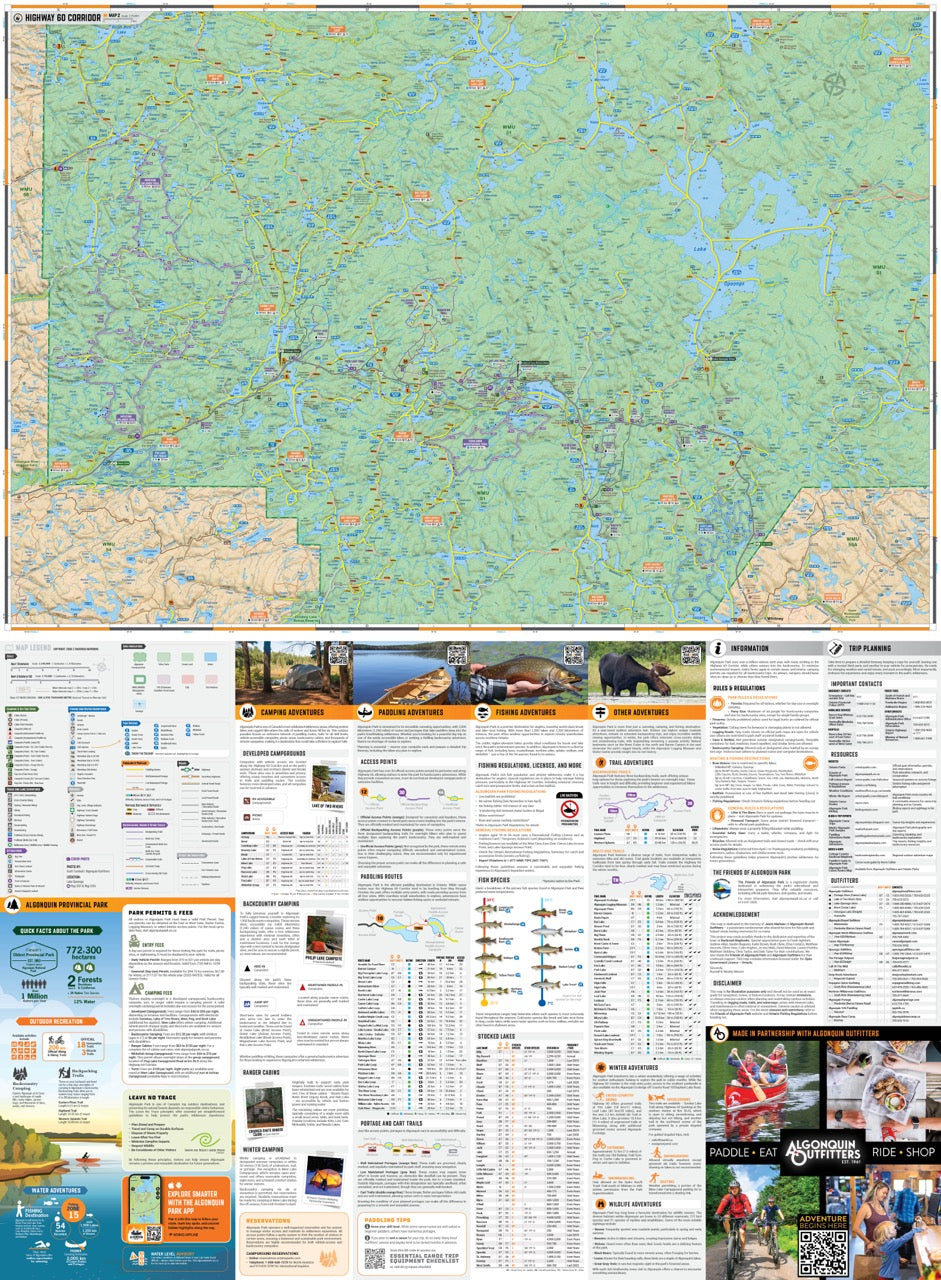 Algonquin Provincial Park adventure map with camping, paddling, and fishing info, trail details.