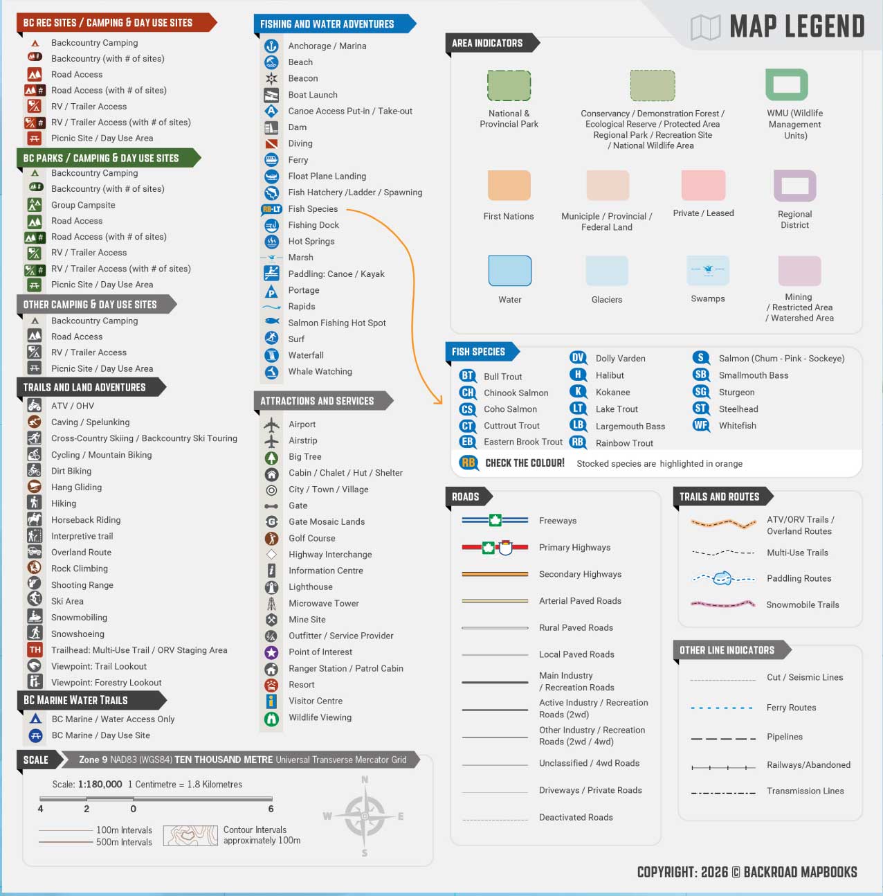 Outdoor map legend with icons for camping, fishing, hiking, trails, roads, and fish species in BC.