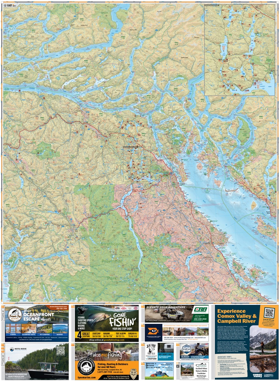 Detailed topographic map of Strathcona Provincial Park with lakes, rivers, and park areas highlighted.