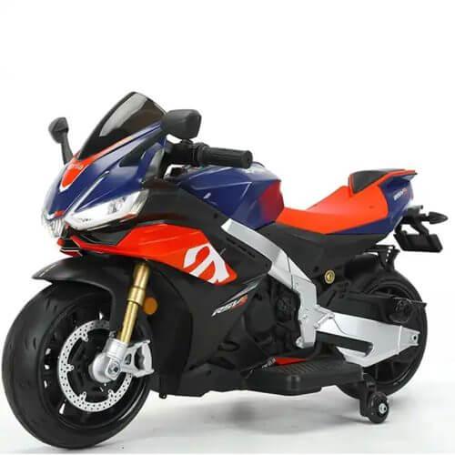 Blue and orange Aprilia 12V upgraded kids motorcycle toy with sporty design