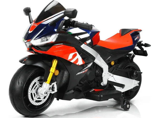 Blue and red 12V Aprilia kids electric ride-on motorcycle with sporty design