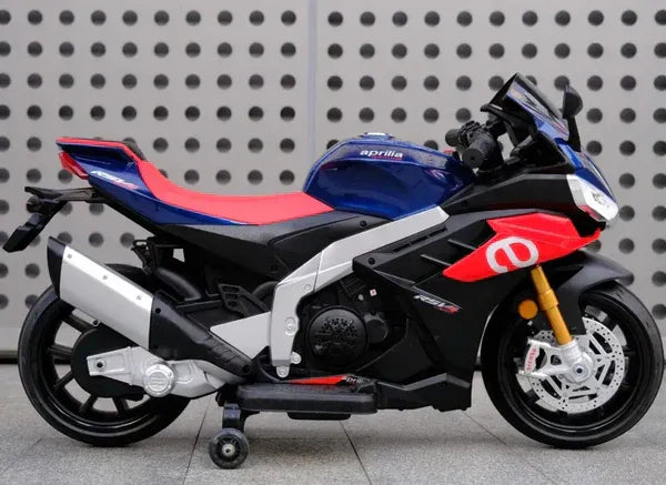 Blue and red 12V upgraded Aprilia motorcycle for kids with training wheels on a modern pavement.
