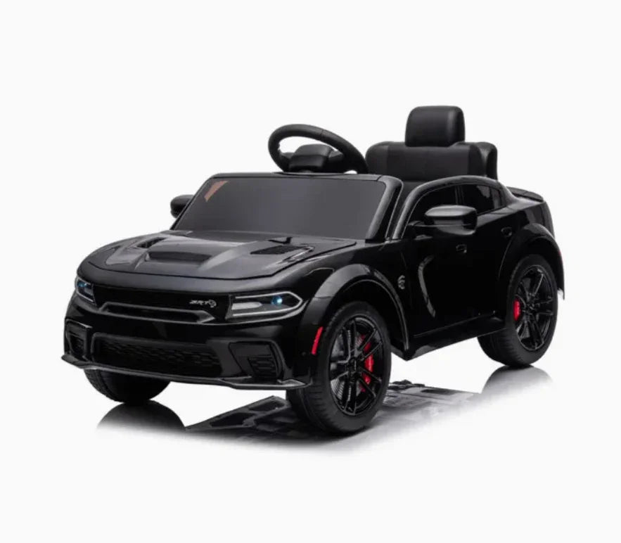 Black kids electric ride-on car with sporty design and red brake calipers on white background