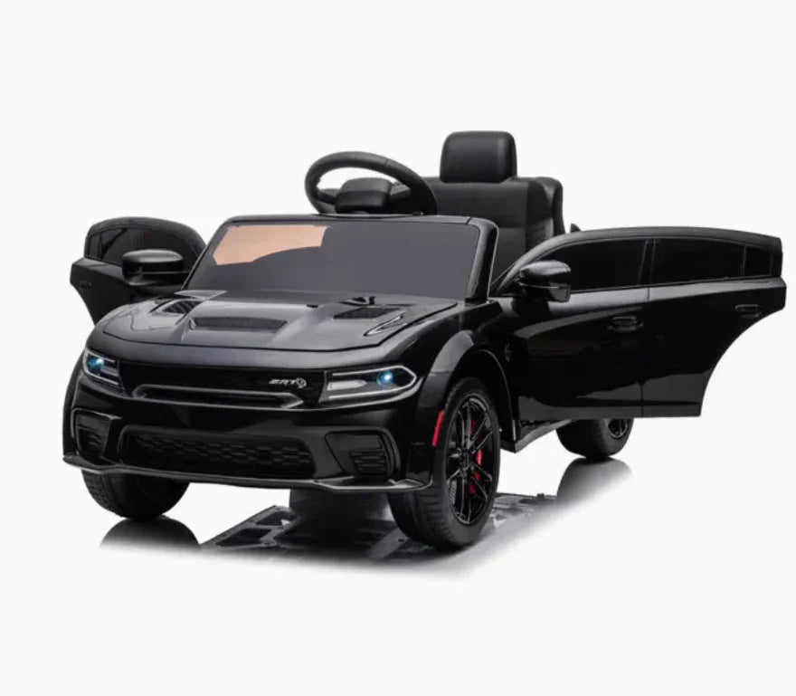 Black kids electric ride on car with open doors, realistic headlights, and steering wheel