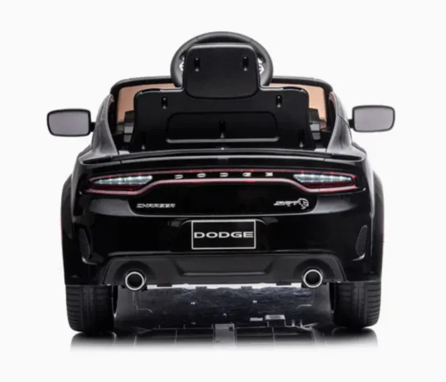 Black Dodge Charger toy car rear view with detailed taillights and sporty design