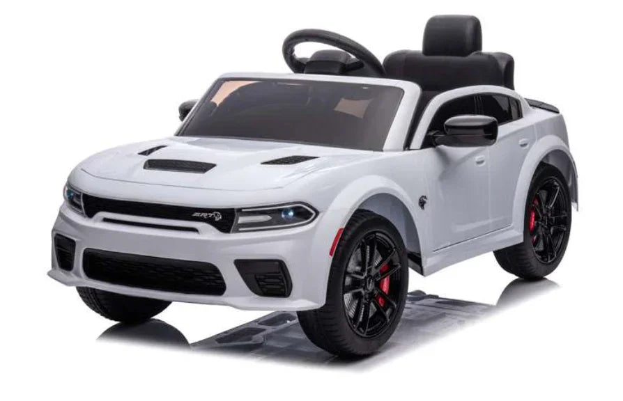 White kids electric ride-on car with black wheels and realistic detailing