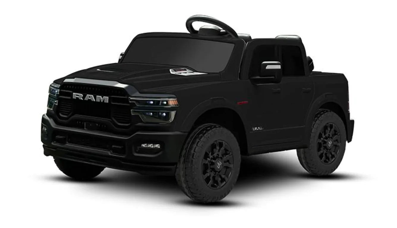 Black ride-on RAM toy truck for kids with realistic detailing, off-road tires, and open top