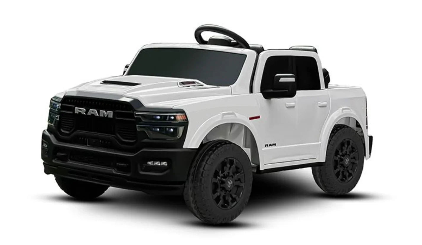 White toy RAM truck electric ride-on car for kids with black wheels