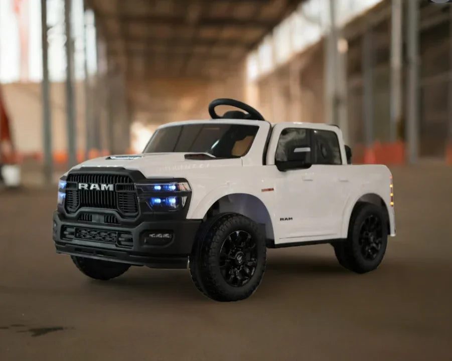 White RAM toy truck with black wheels in a spacious warehouse setting
