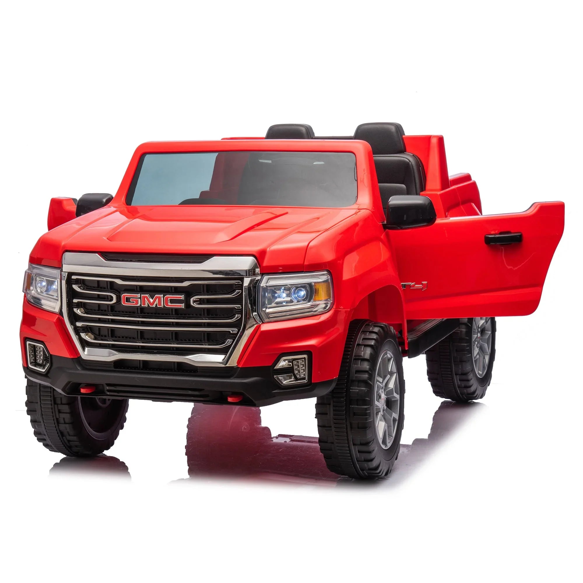 Red GMC toy truck for kids with open door, rugged wheels and realistic front grill