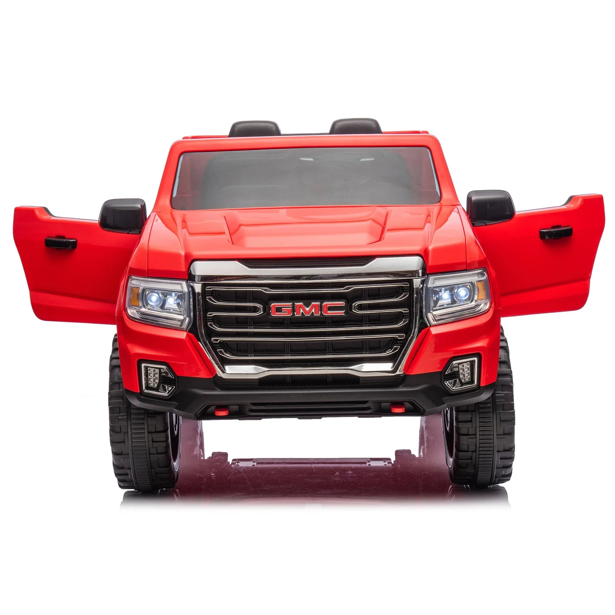 Red GMC toy truck with open doors and headlights, front view on white background