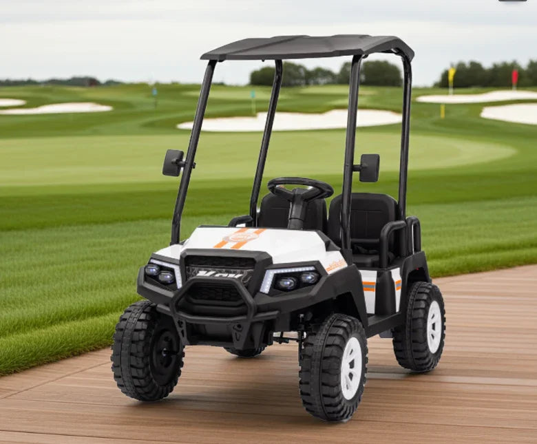 White toy golf cart with black roof on wooden path at golf course