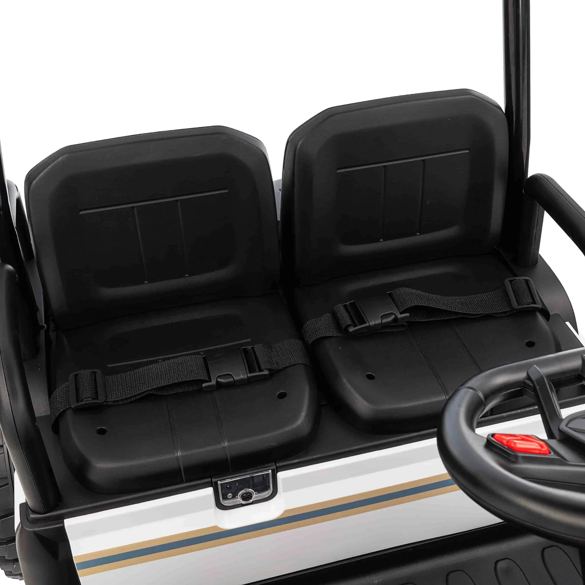 Close-up of black plastic seats and steering wheel in a 4-seater white kids buggy