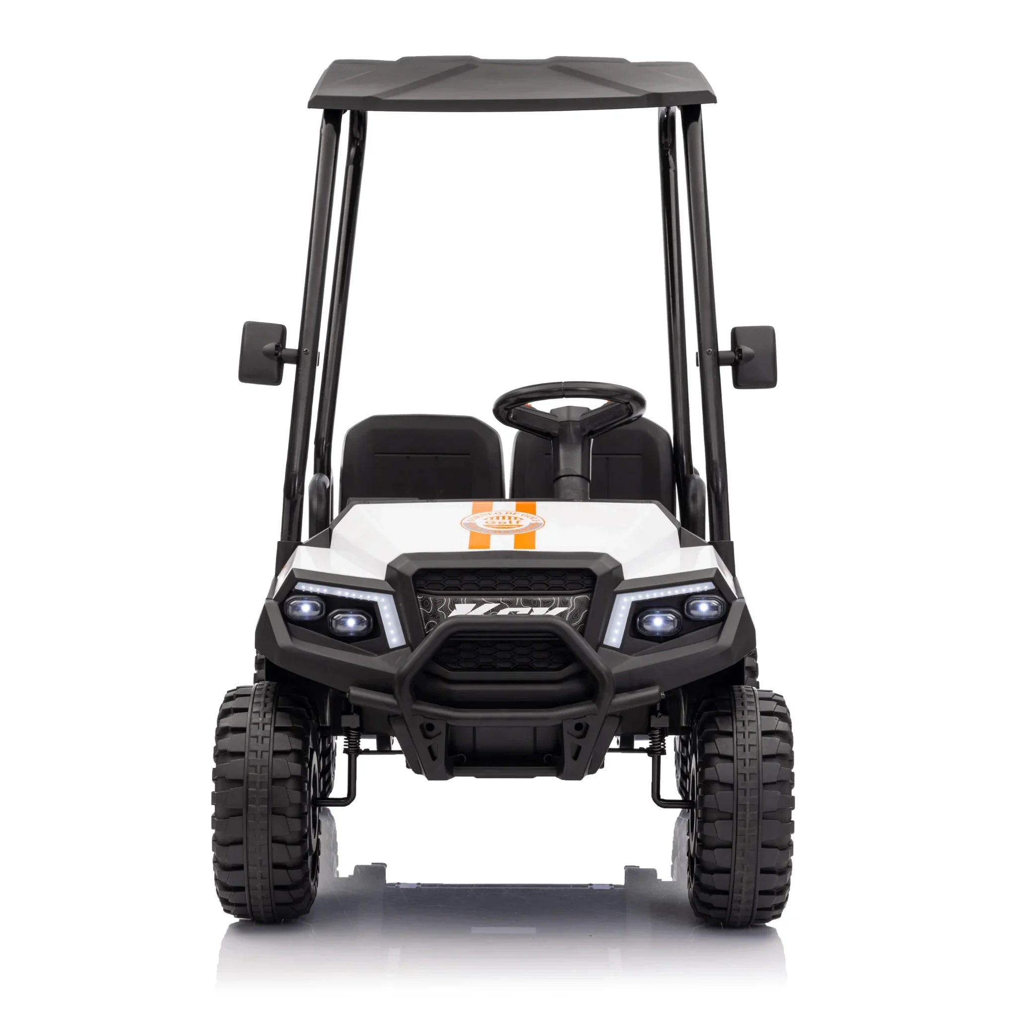 White 4-seater 24V kids buggy with rubber wheels, black roof, and LED headlights