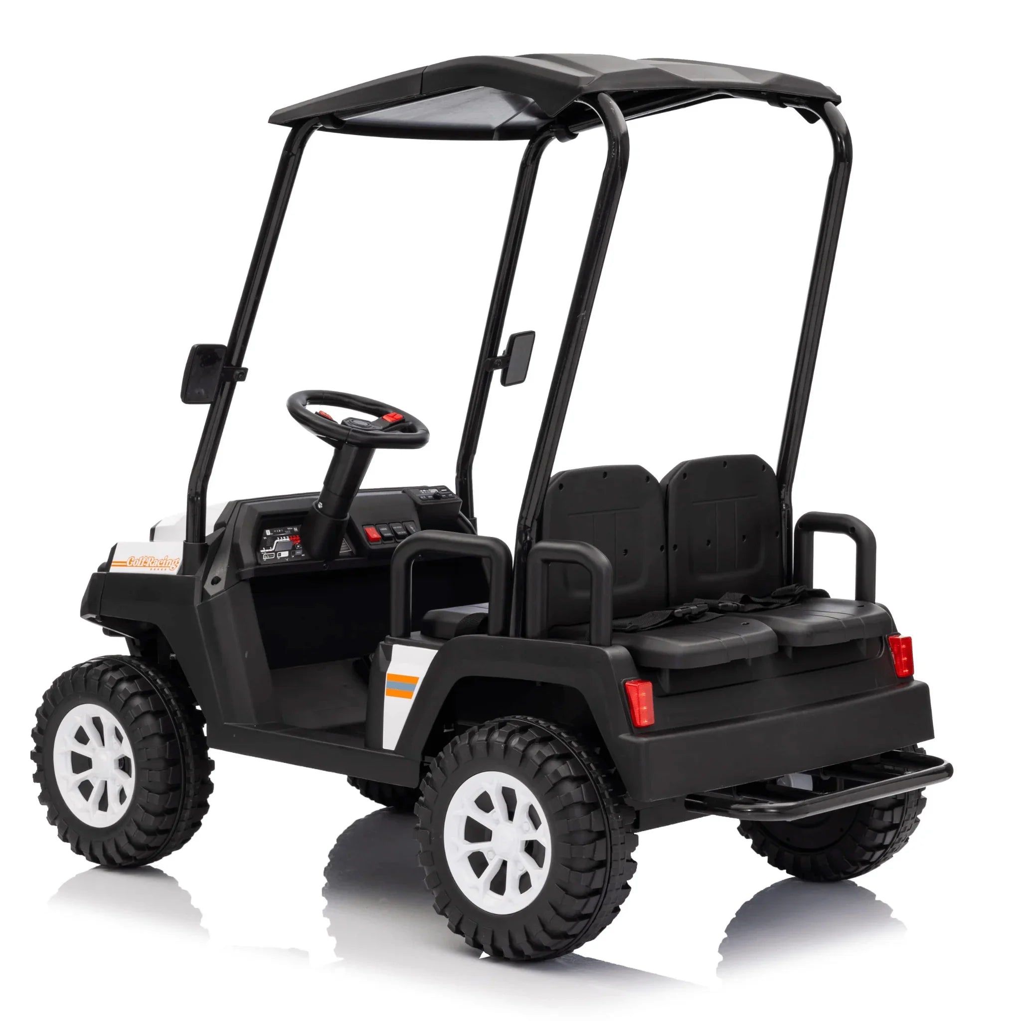White 4-seat 24V kids buggy with rubber wheels and roof, black frame, off-road style