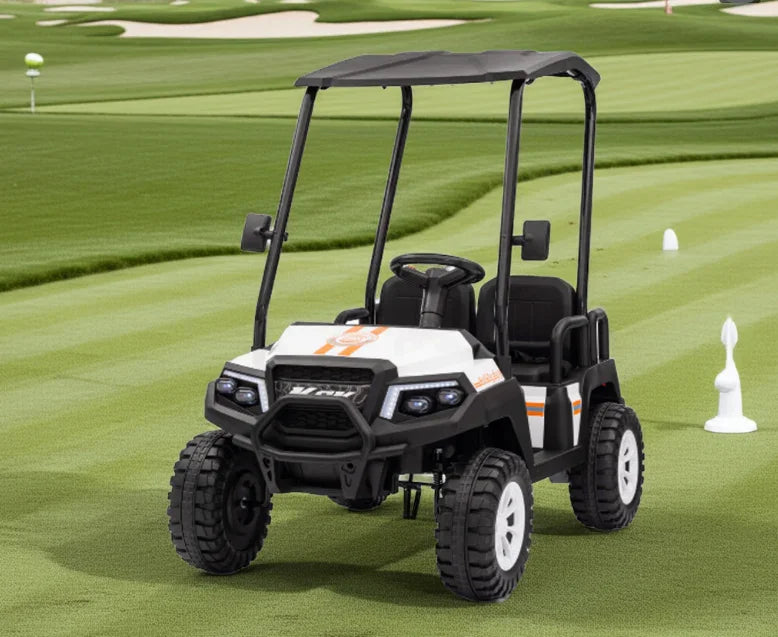 Electric kids ride-on golf cart with roof on a green golf course