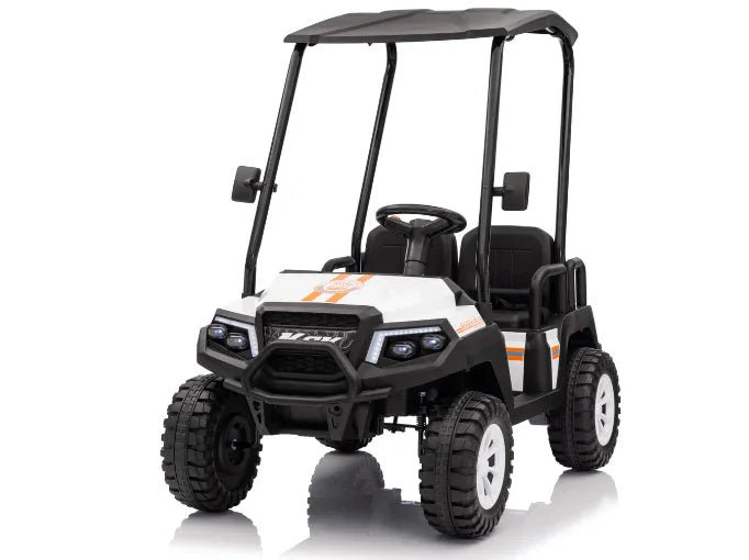 White 4-seat golf buggy with rugged tires, roof, and black-orange accents on a white background