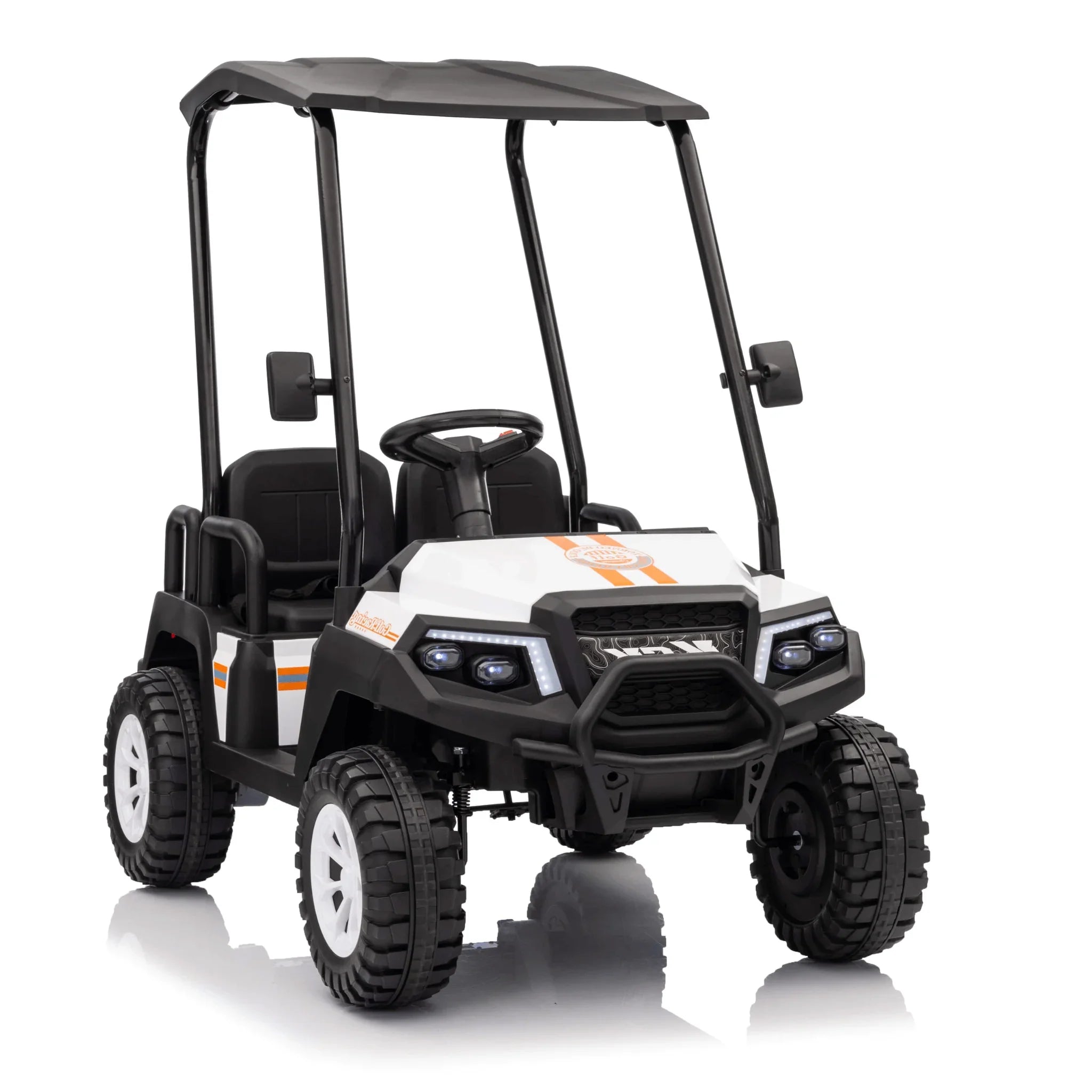 White 4-seater 24V buggy ride-on with rubber wheels and LED headlights