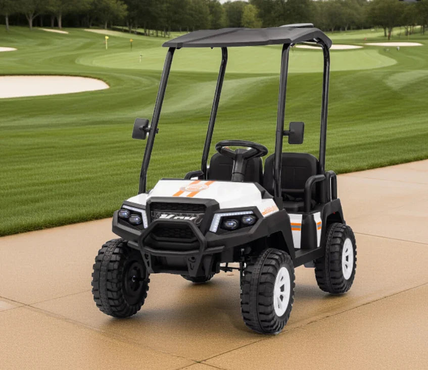 Miniature ride-on golf cart toy parked on a golf course path with green fairways.