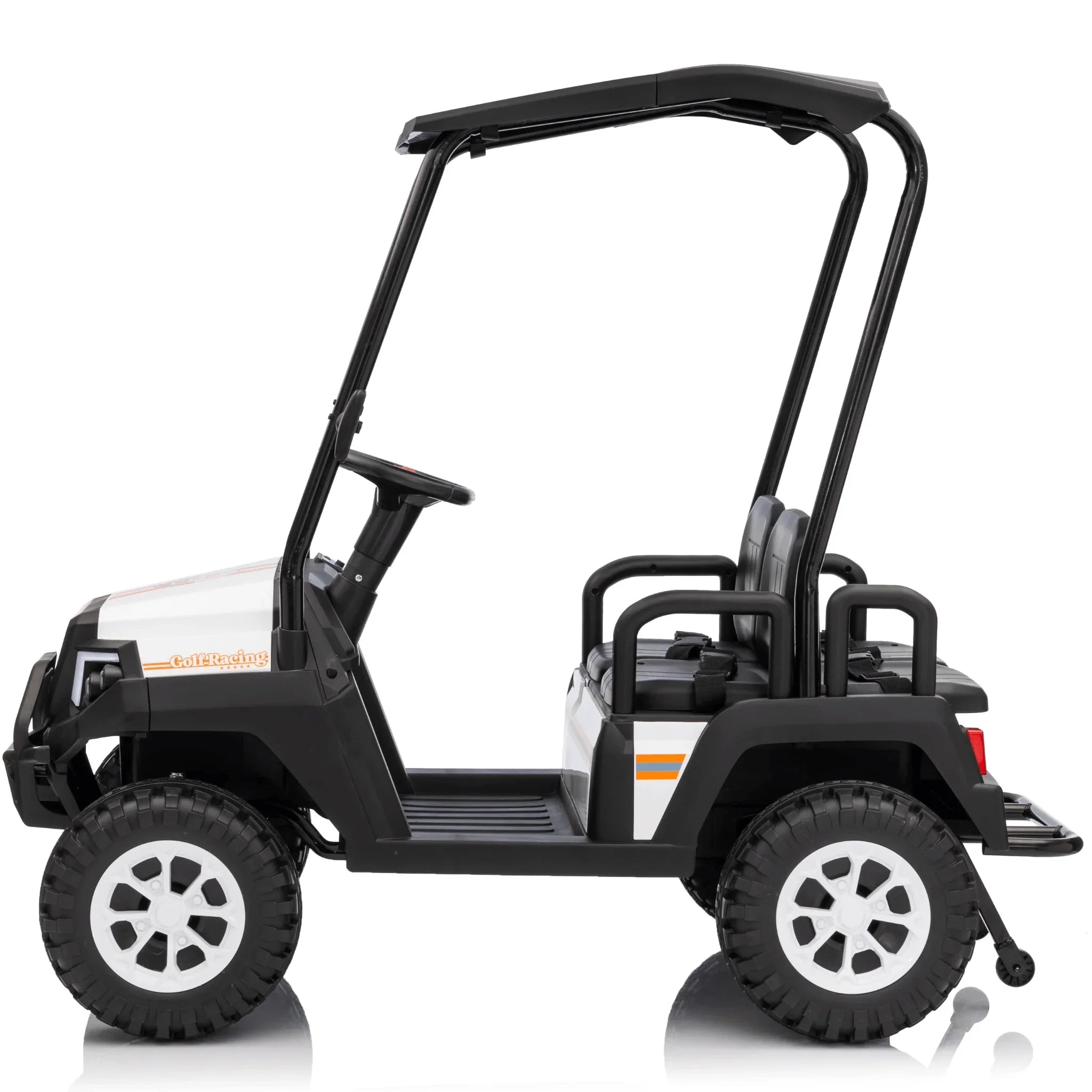 4 seat white 24V buggy with rubber wheels, black roll cage, side view on white background