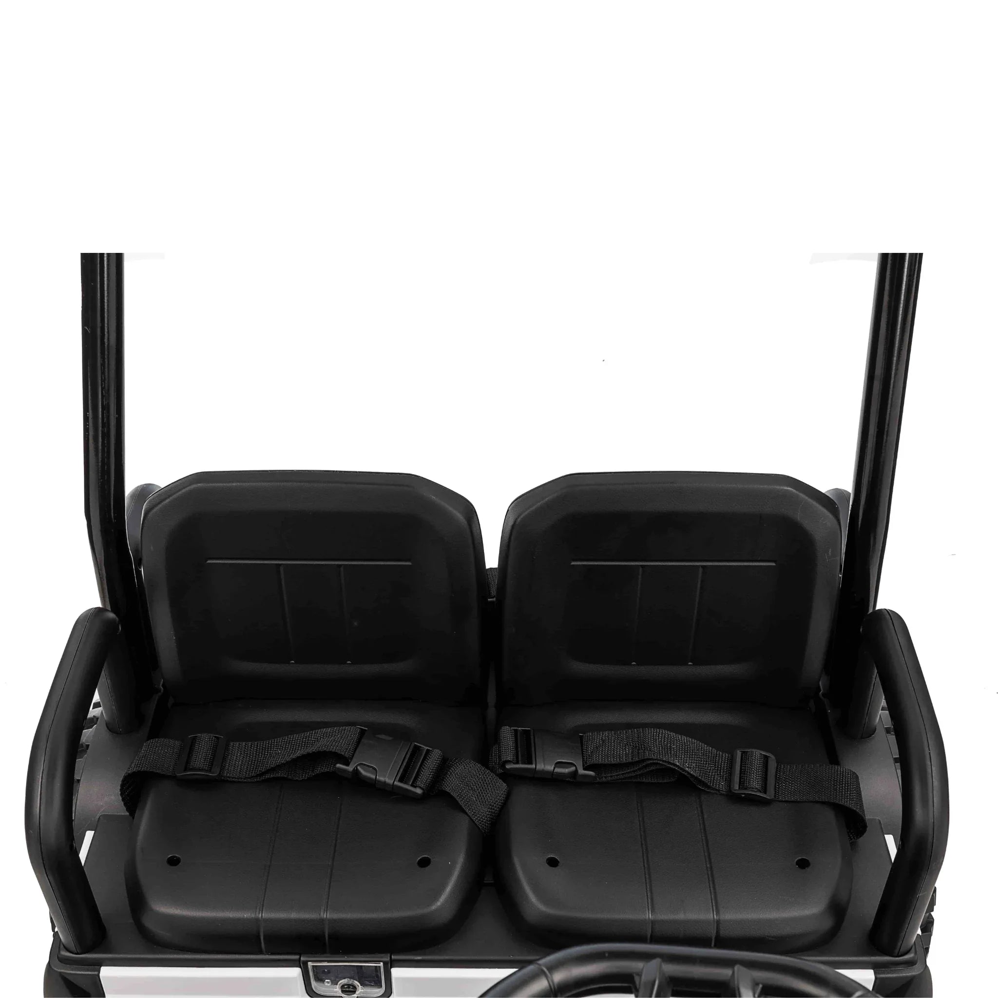 Close up of black double seats with seat belts in a white 24V 4-seater buggy ride-on car