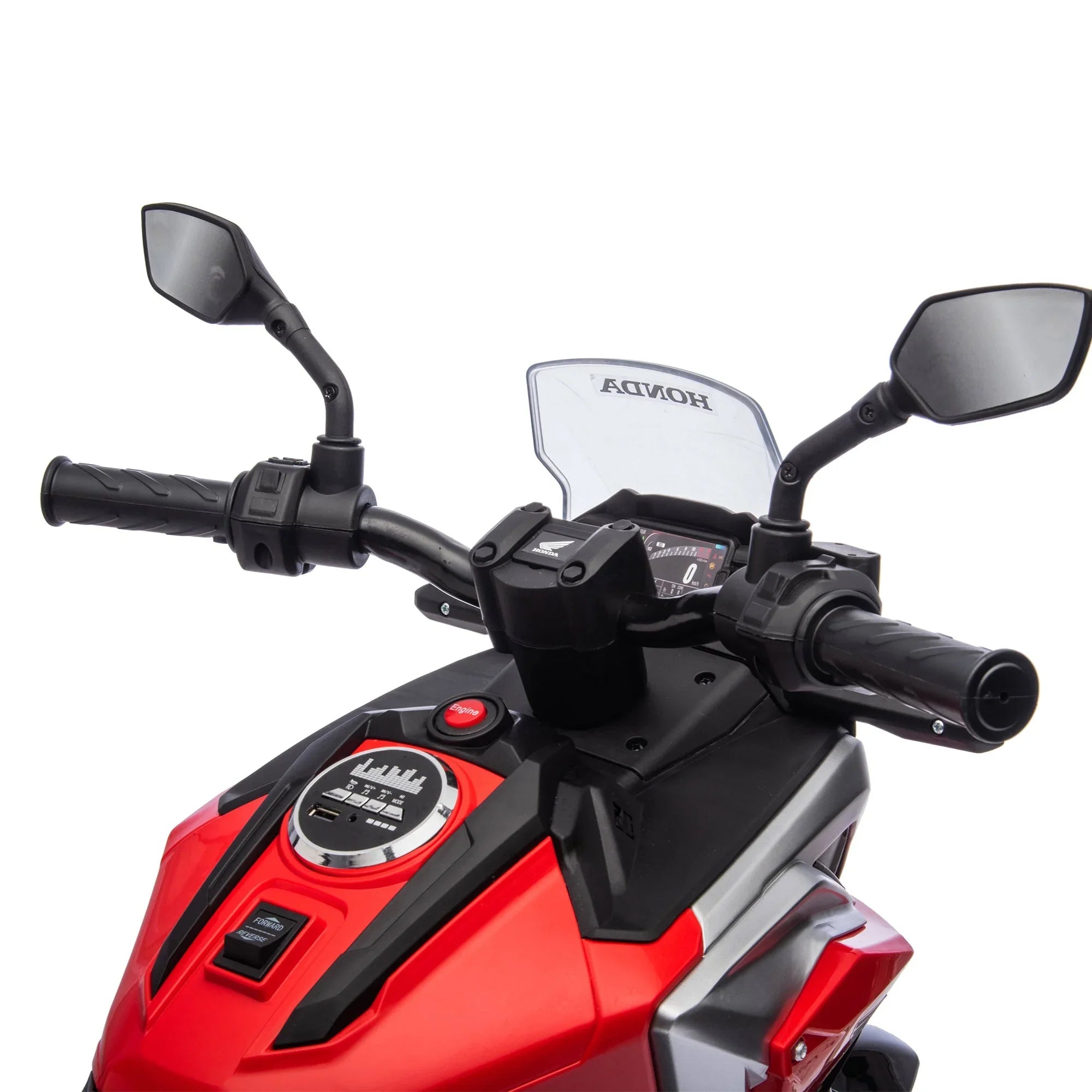 Red Honda motorcycle handlebar and dashboard with mirrors and digital display