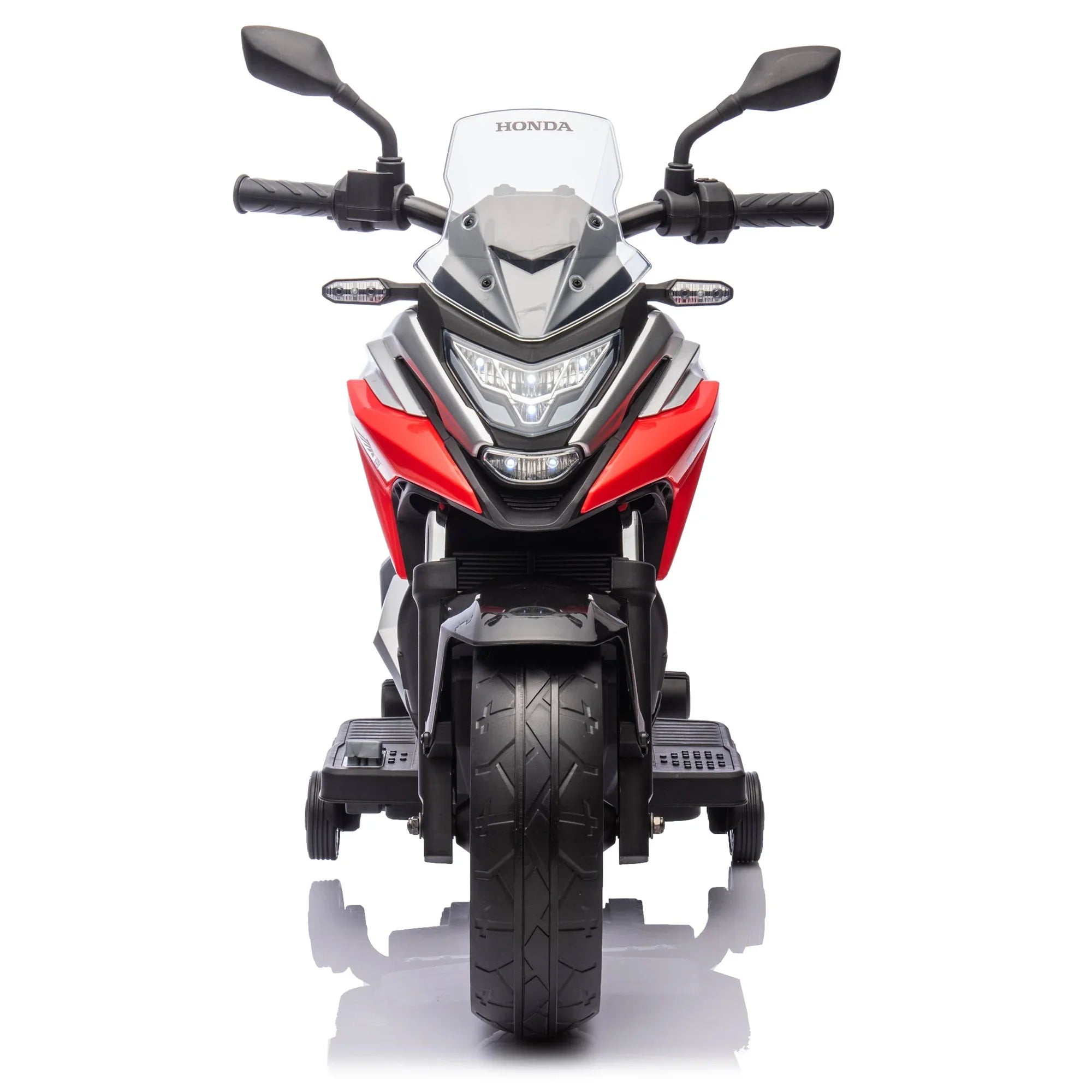 Front view of red and black kids ride-on Honda motorcycle toy with training wheels