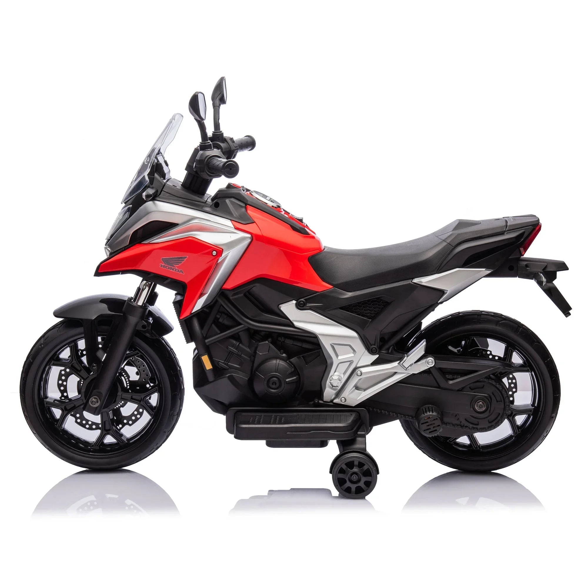 Red and black toy motorcycle with training wheels, side view on white background
