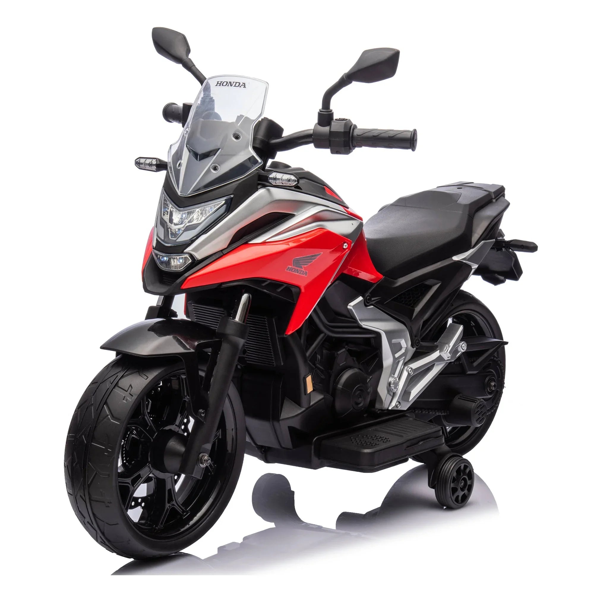 Red kids electric Honda motorcycle ride-on toy with training wheels on white background