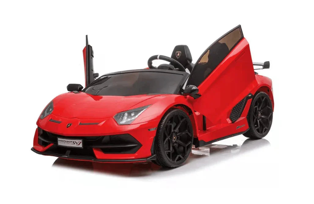 Red Lamborghini Aventador SV kids ride-on car with open scissor doors on white background