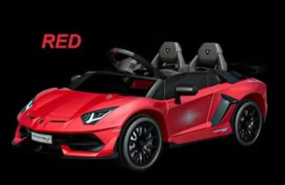 Red kids ride-on Lamborghini car toy with black wheels on a dark background