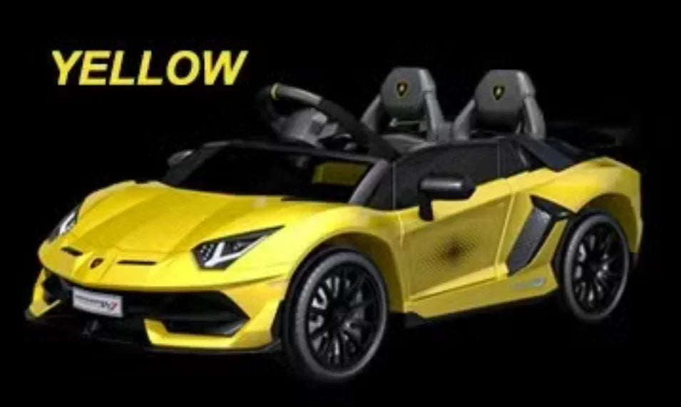 Yellow kids electric ride-on sports car with black rims and two seats on black background