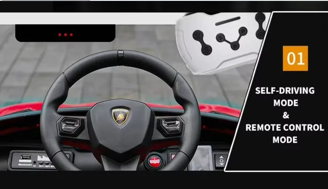 Lamborghini toy car steering wheel with dashboard, remote control, and self-driving mode text.