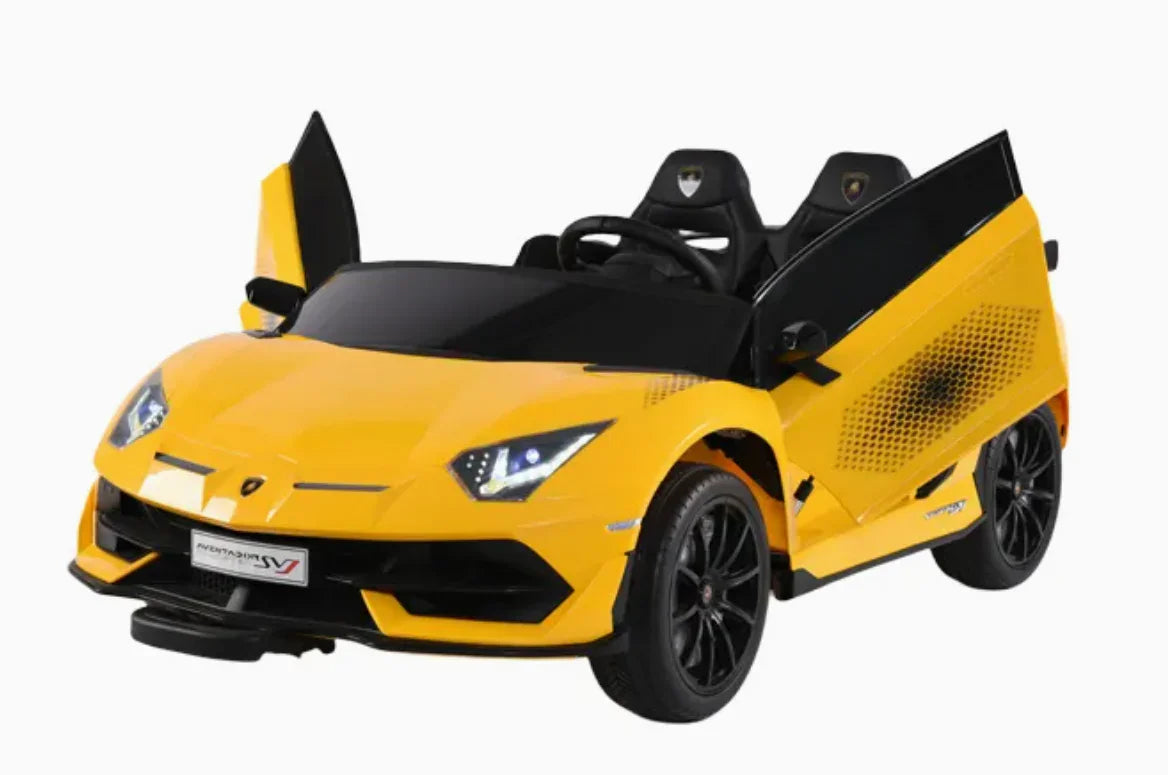 Yellow Lamborghini kids electric ride-on car with scissor doors open, on white background