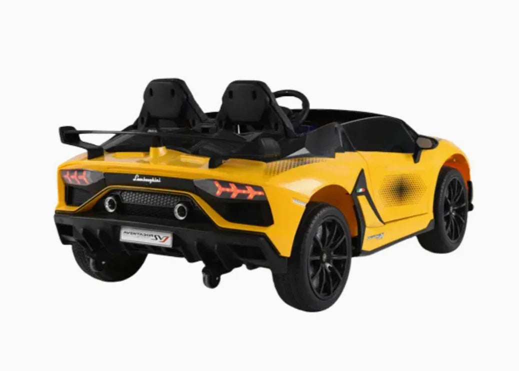 Yellow Lamborghini Aventador SV ride-on toy car for kids, rear view on white background