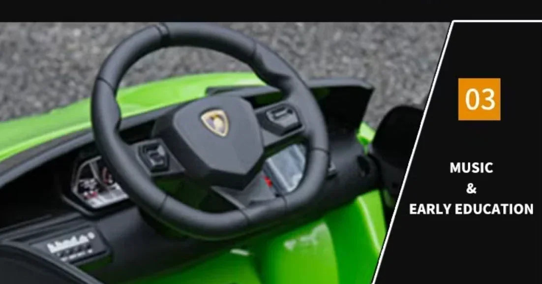 Green toy car interior with steering wheel, dashboard, and 'Music & Early Education' label.