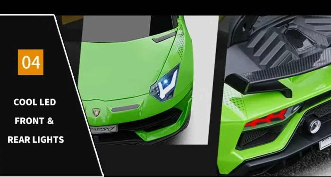 Green sports car with LED headlights and taillights, close-up front and rear views